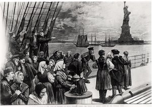 New York - Welcome to the land of freedom - An ocean steamer passing the Statue of Liberty - scene on the steerage deck, illustration from 